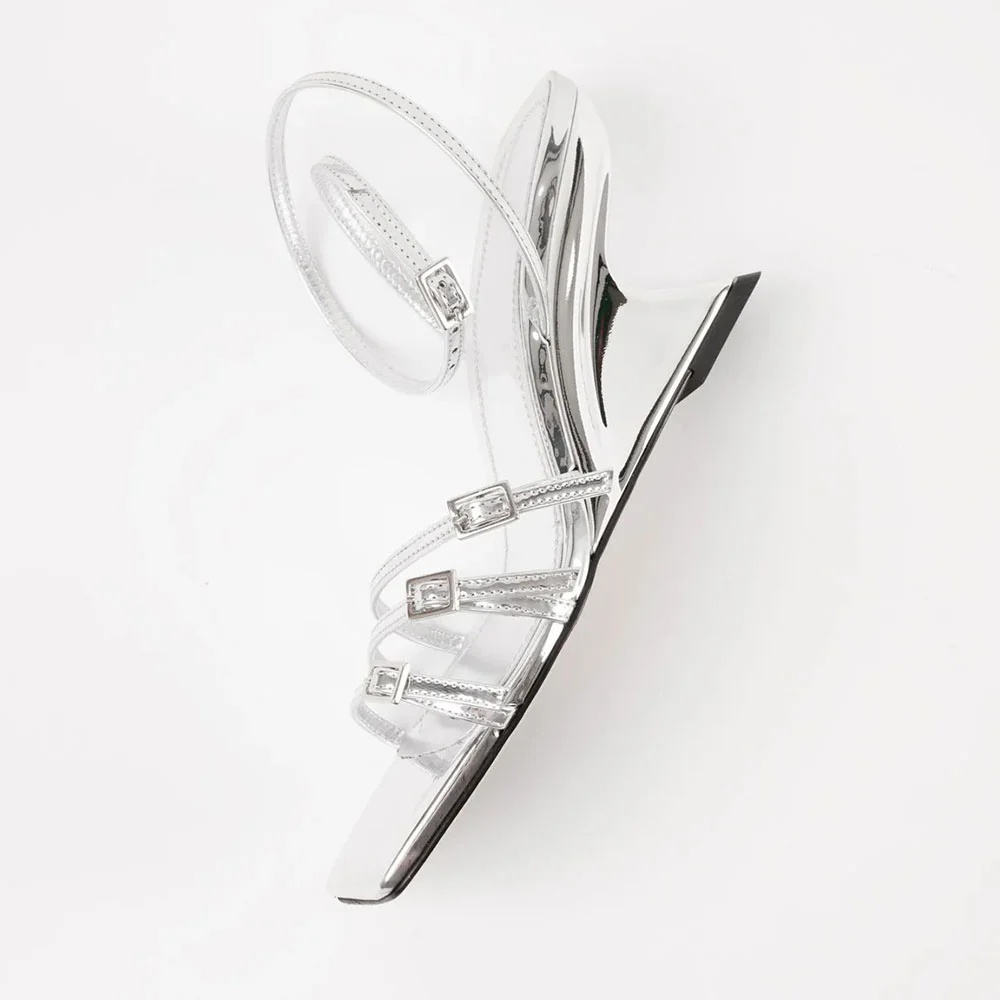 Silve Square Toe Wedge Heel Ankle Strap Women's Sandals with Buckle