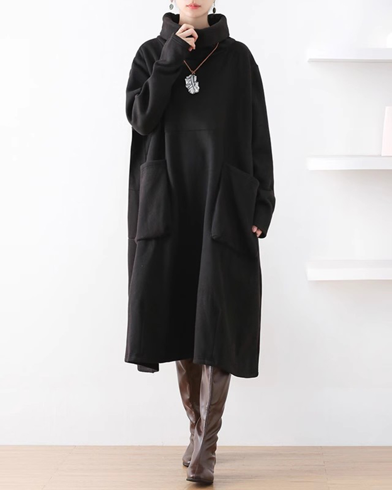 High Cowl Neck Long Sleeve Large Pockets Loose Maxi Dress