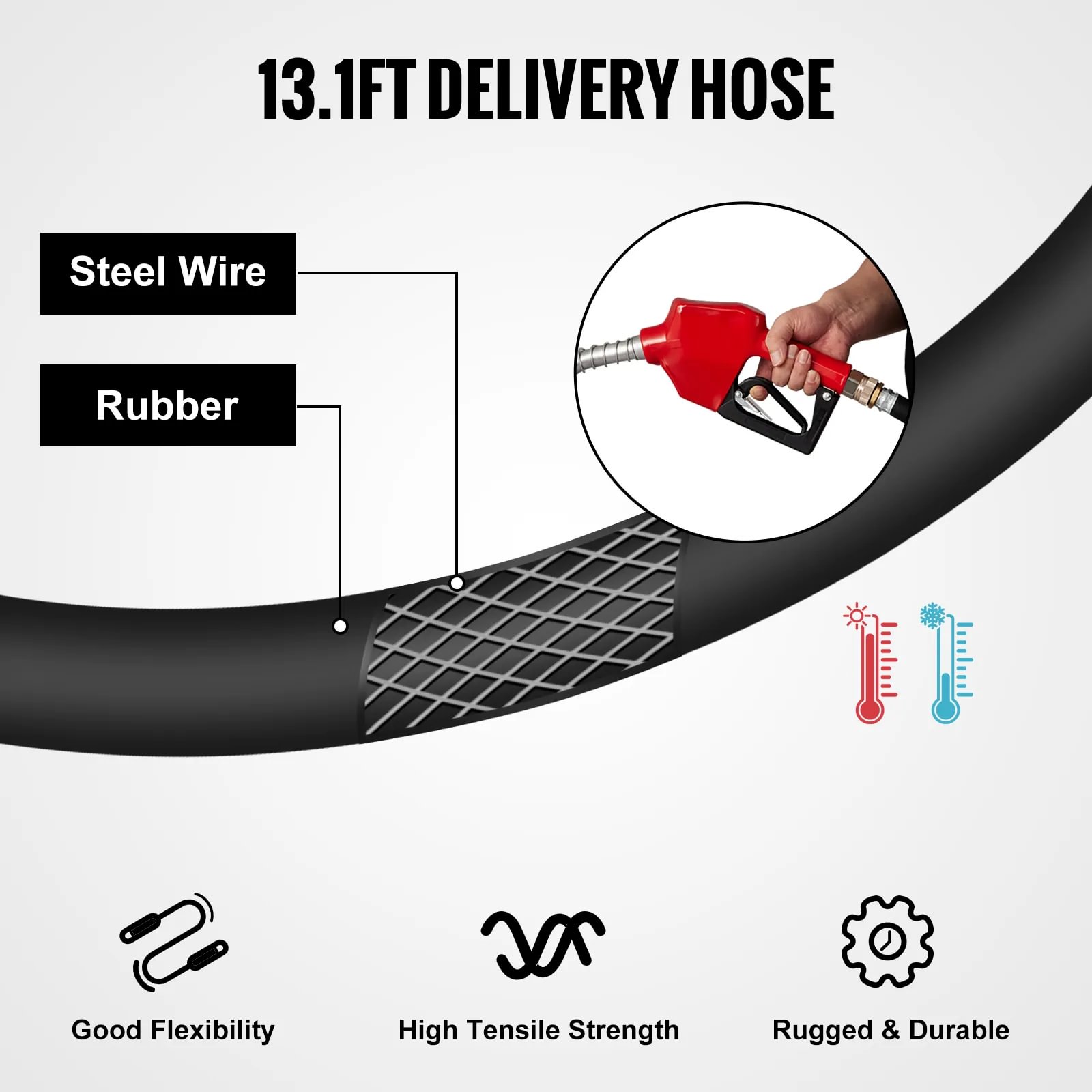 VEVOR portable diesel tank with 13.1ft delivery hose showcasing steel wire and rubber composition.
