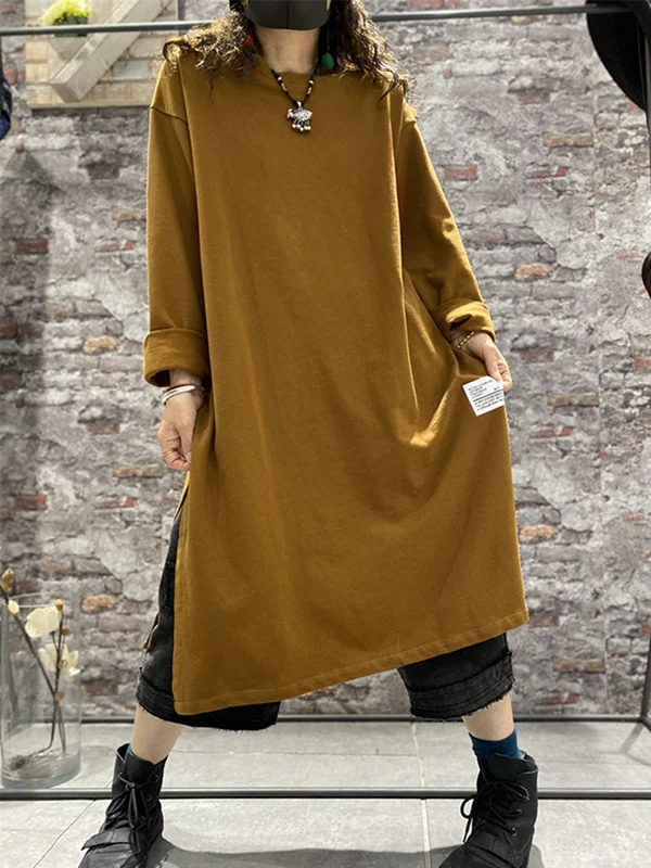 Vintage Split-Side Pure Color Long Sleeves Midi Dress