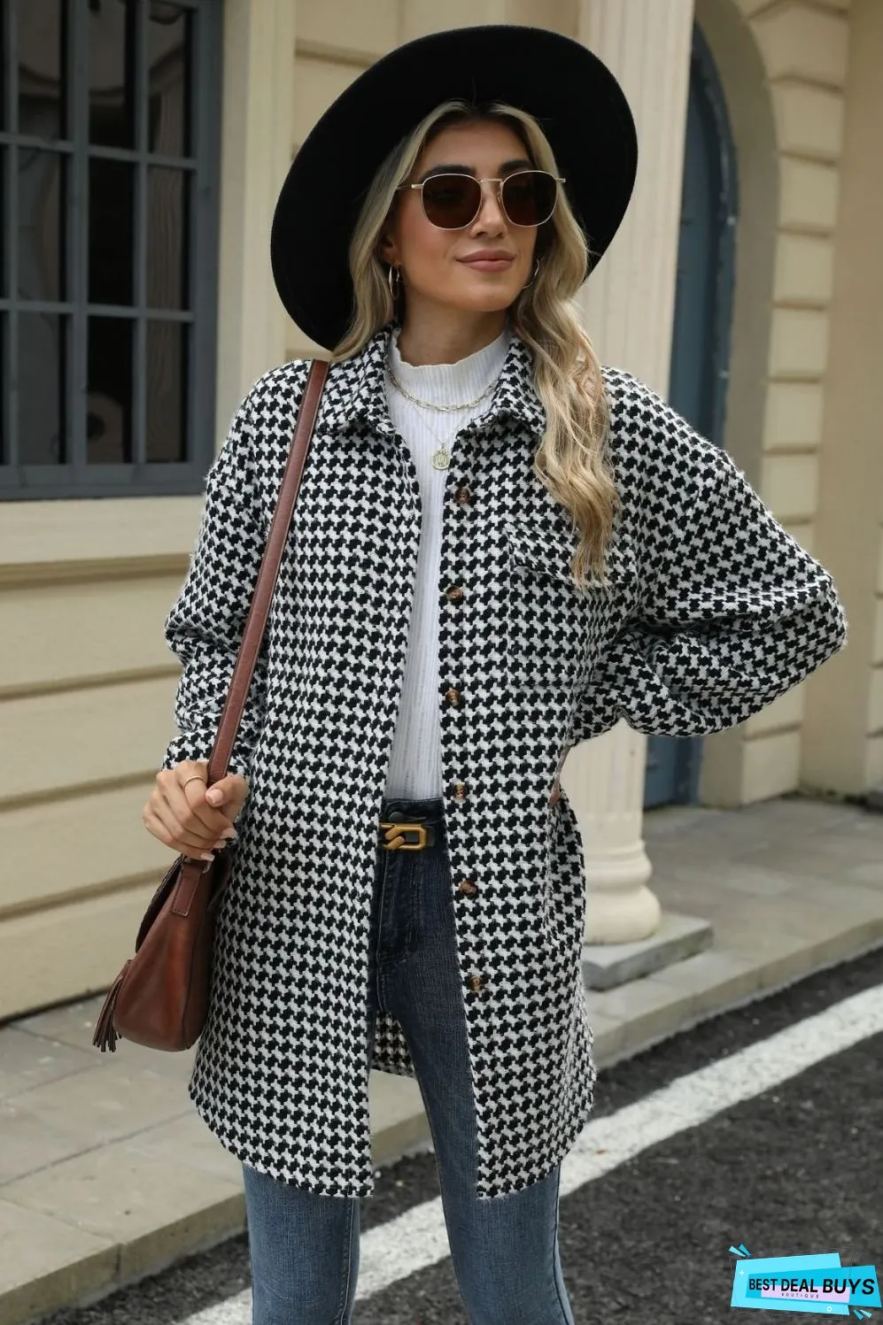 Houndstooth Button Up Dropped Shoulder Coat