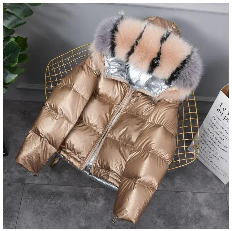 FTLZZ Winter Jacket White Duck Down Parkas Women Gold Silver Double Side Coat Big Aritificial Fur Hooded Female Down Oversize