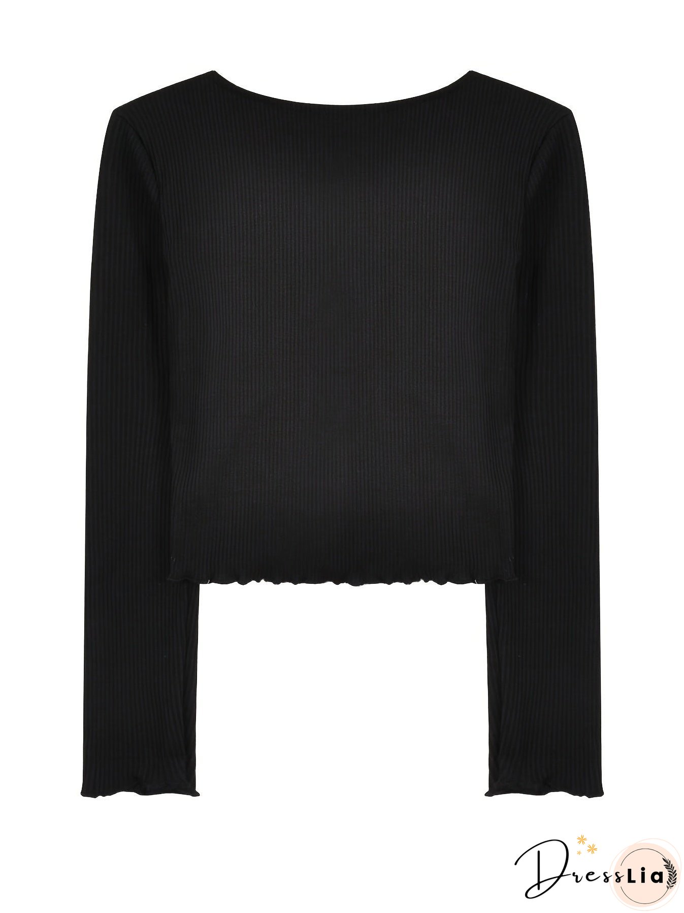 Contrast Lace Trim V-neck Crop Top, Y2K Lettuce Trim Long Sleeve T-shirt, Women's Clothing