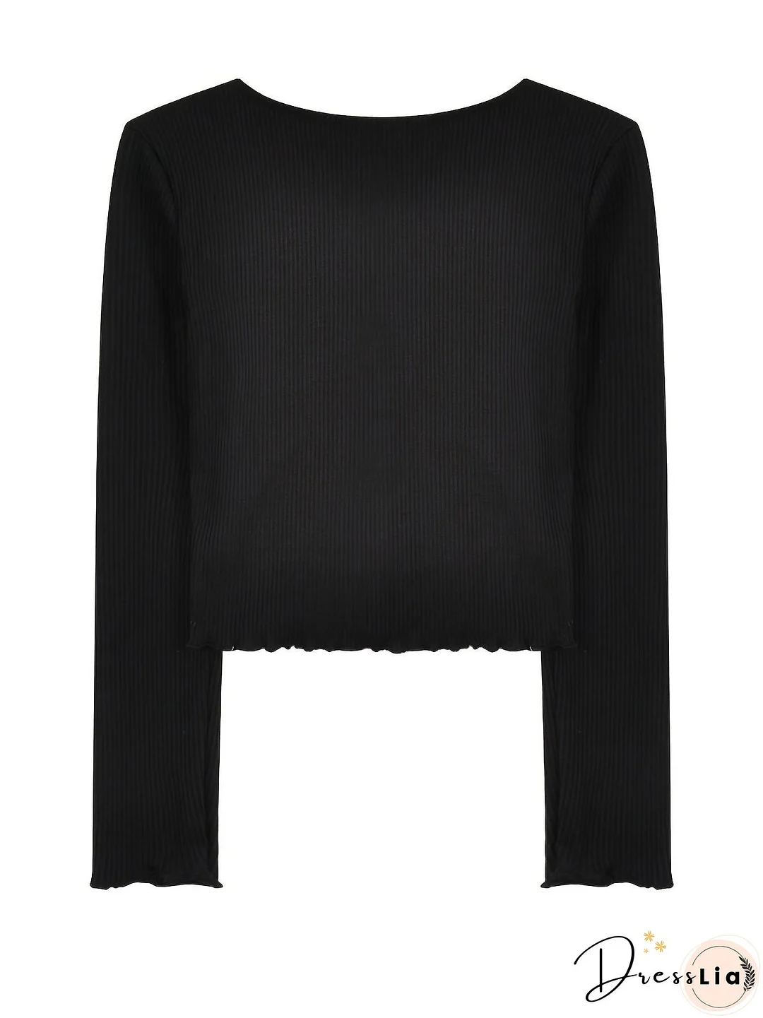 Contrast Lace Trim V-neck Crop Top, Y2K Lettuce Trim Long Sleeve T-shirt, Women's Clothing