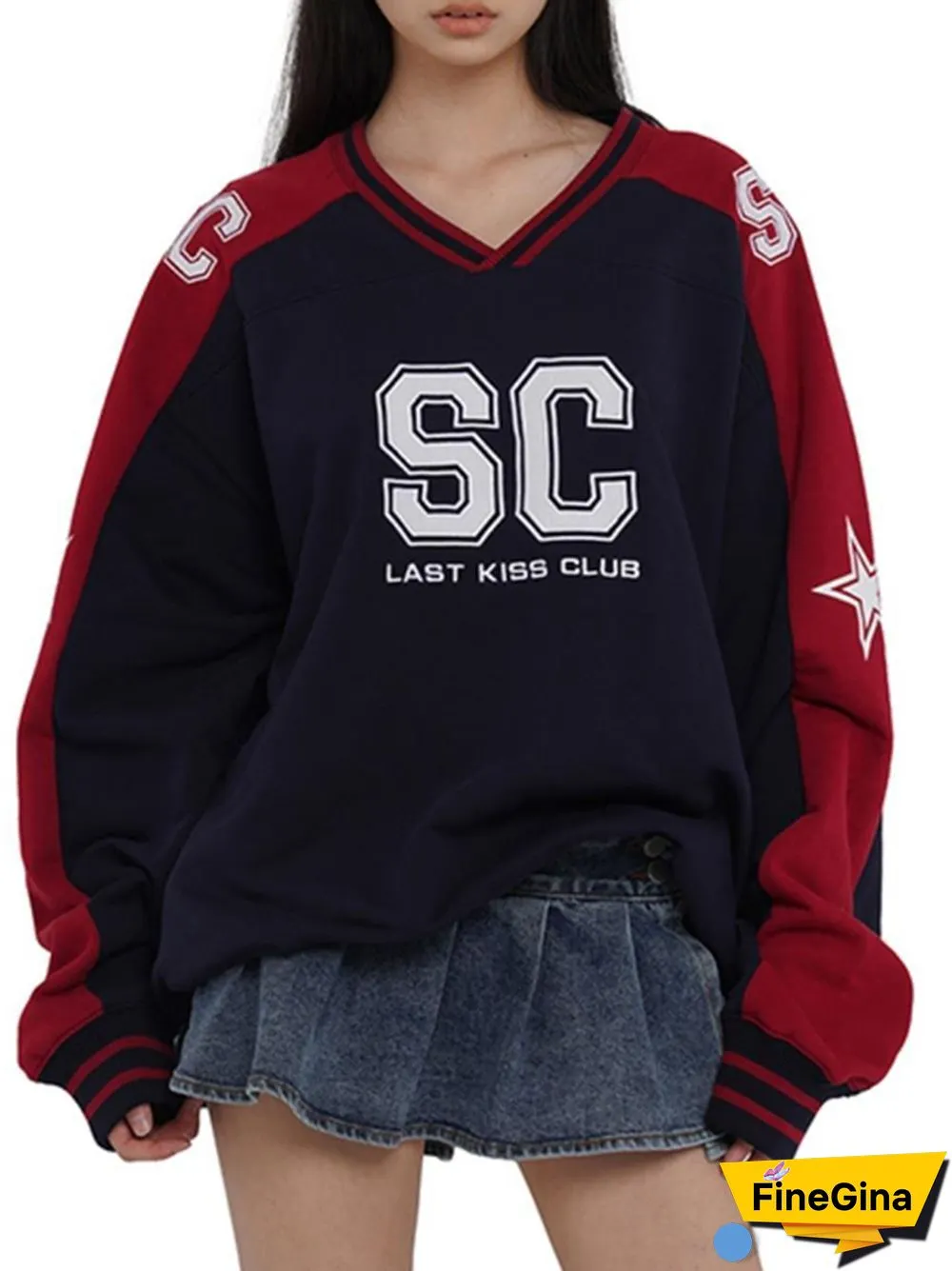 Vintage Contrast Color Letter Embroidery V Neck Sweatshirt