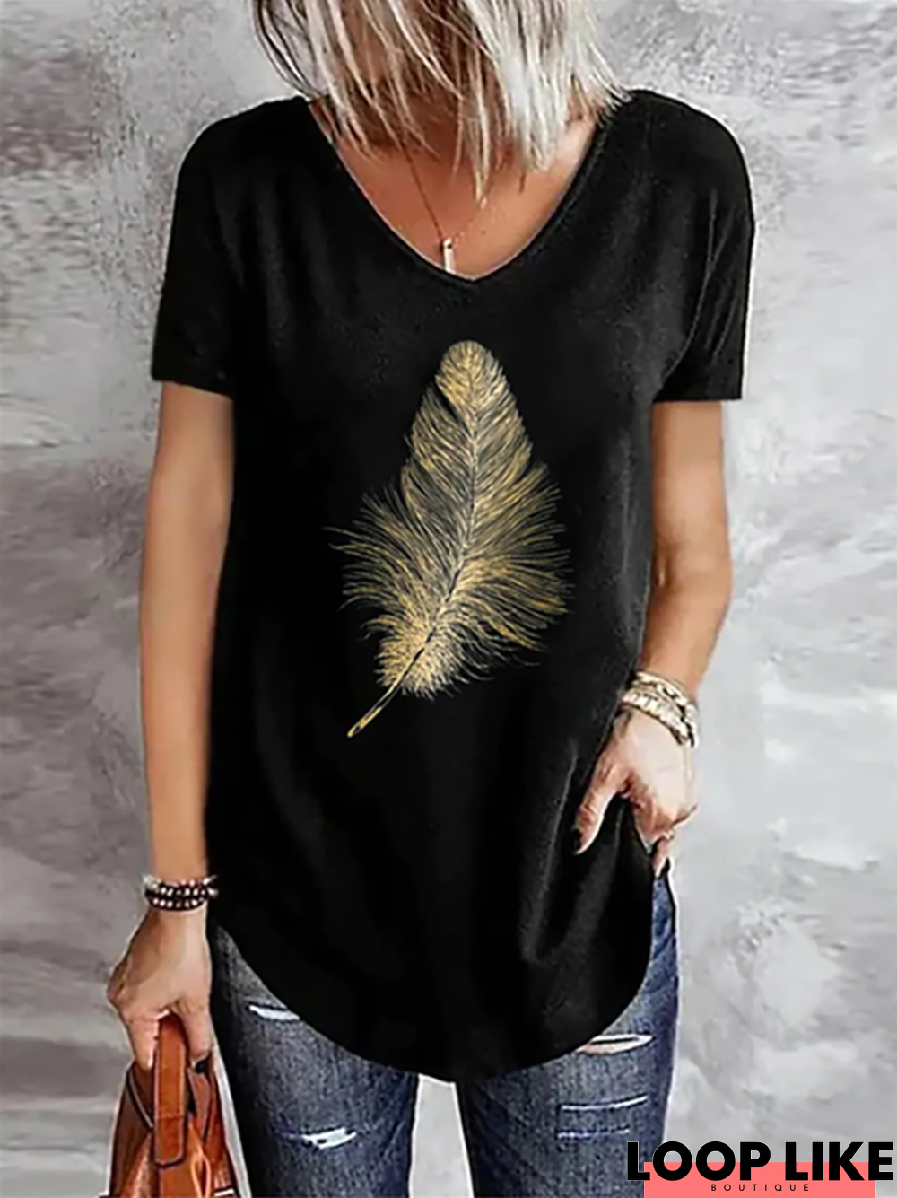 Women's Daily Weekend Feather Pattern V neck Casual Short sleeve Tunic T-Shirt