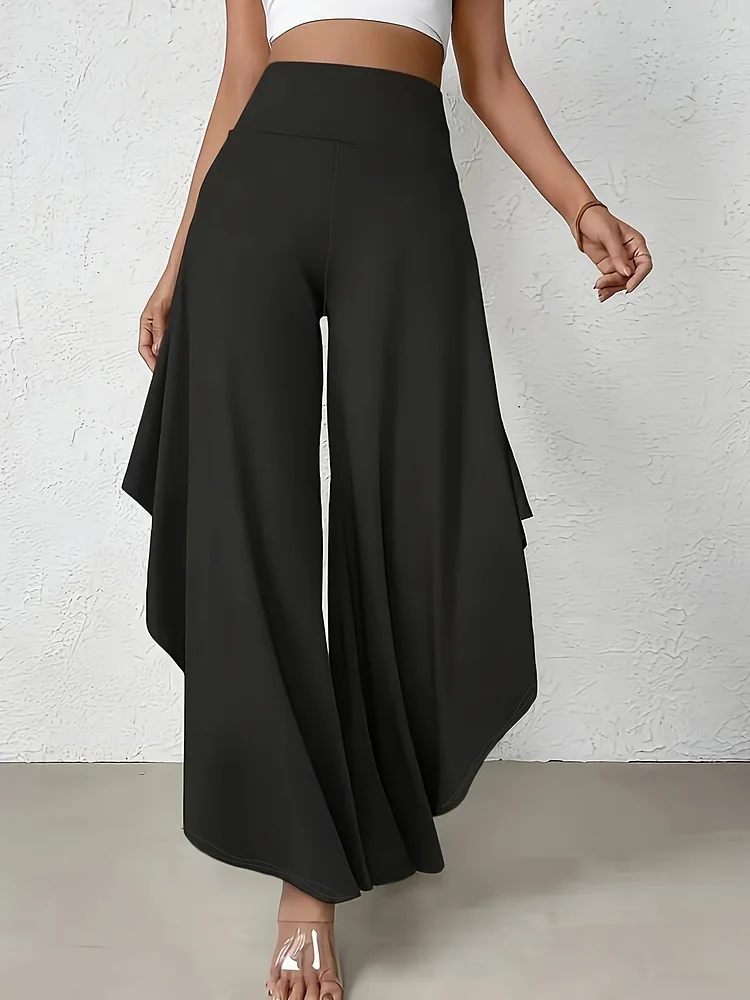 Asymmetric Hem Wide Leg Pants, Casual Solid High Waist Ruffle Trim Loose Pants For Spring & Summer, Women's Clothing