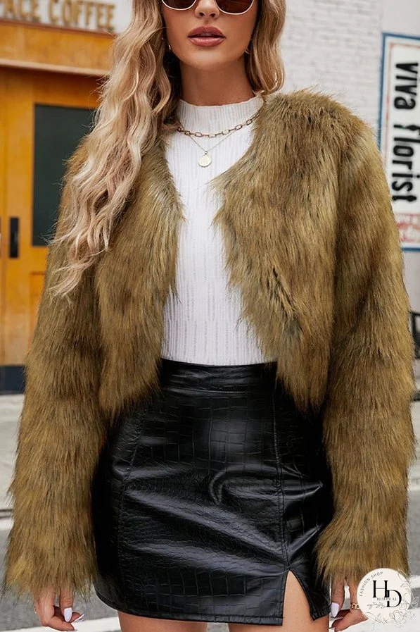 Stylish Long Sleeve Short Casual Faux Fur Jacket