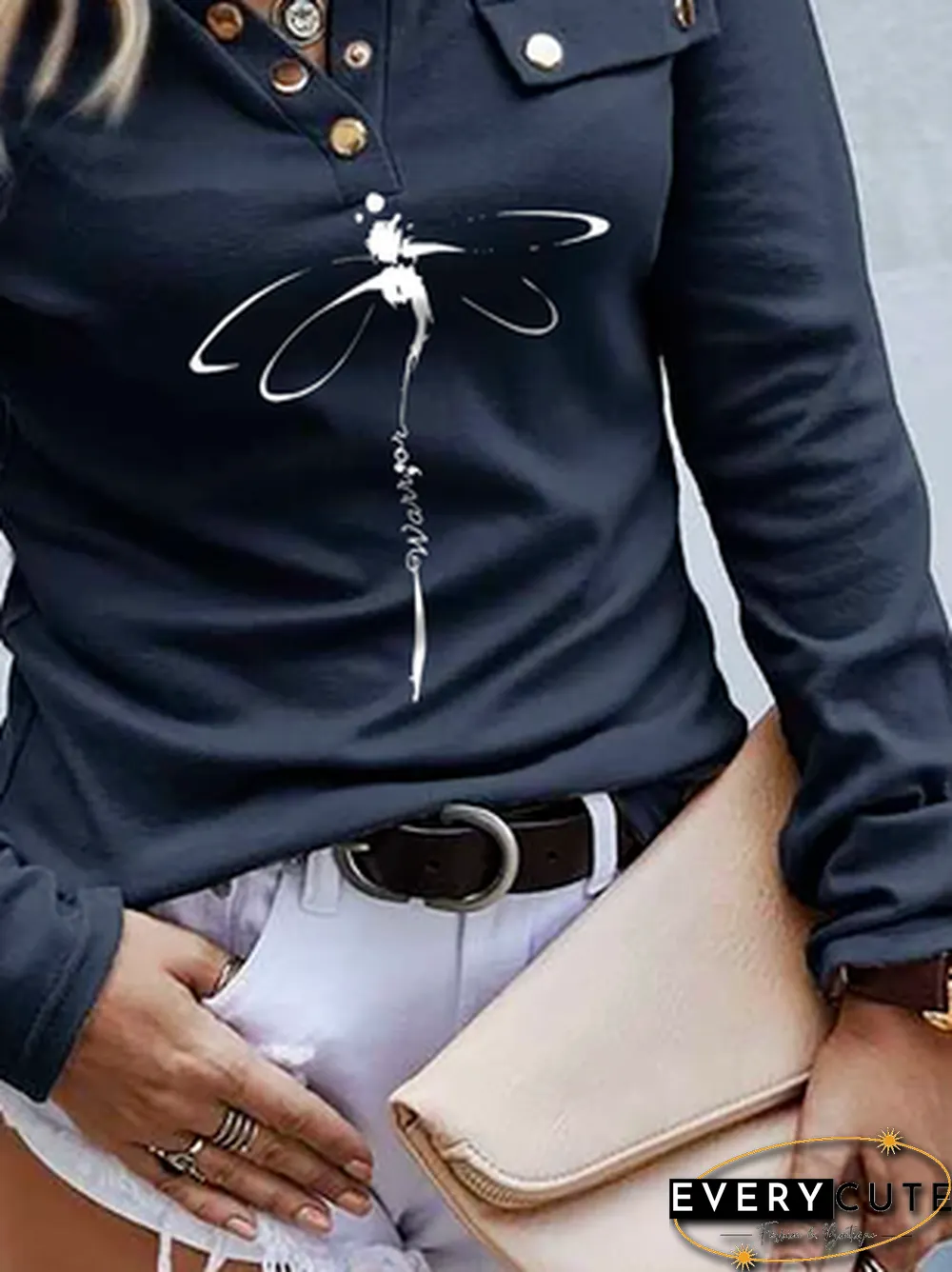 Long Sleeve Casual Dragonfly Printed T-Shirt