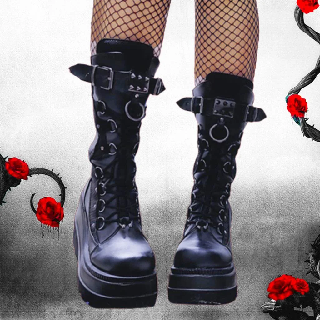 Vstacam Halloween 2022 Autumn Winter Sale Punk Halloween Witch Cosplay Platform High Wedges Heels Black Gothic Calf Boots Women Shoes Big Size 43