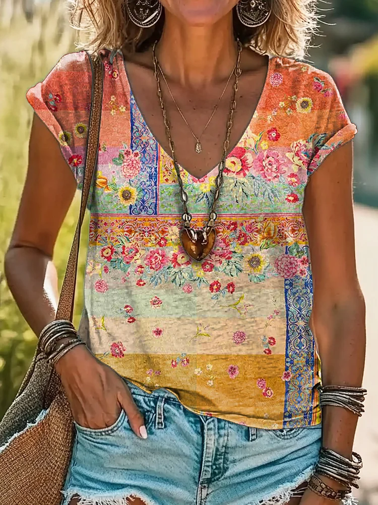 Women's Floral Patchwork Art Print Cotton V Neck T-Shirt