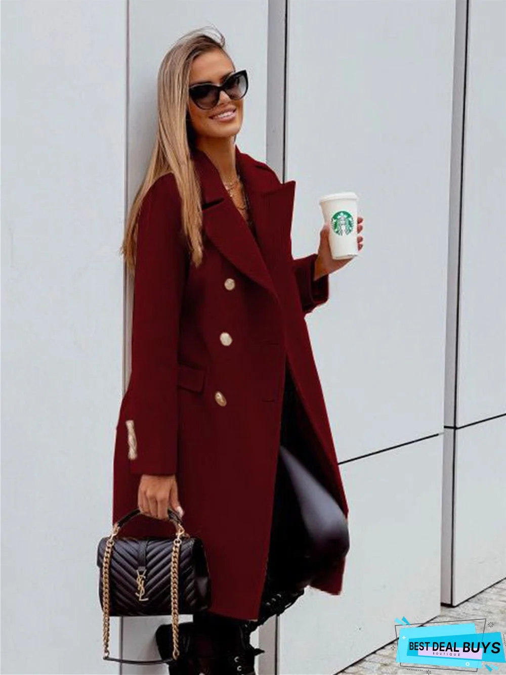 Solid Color Fashion Double-Breasted Mid-Length Coat