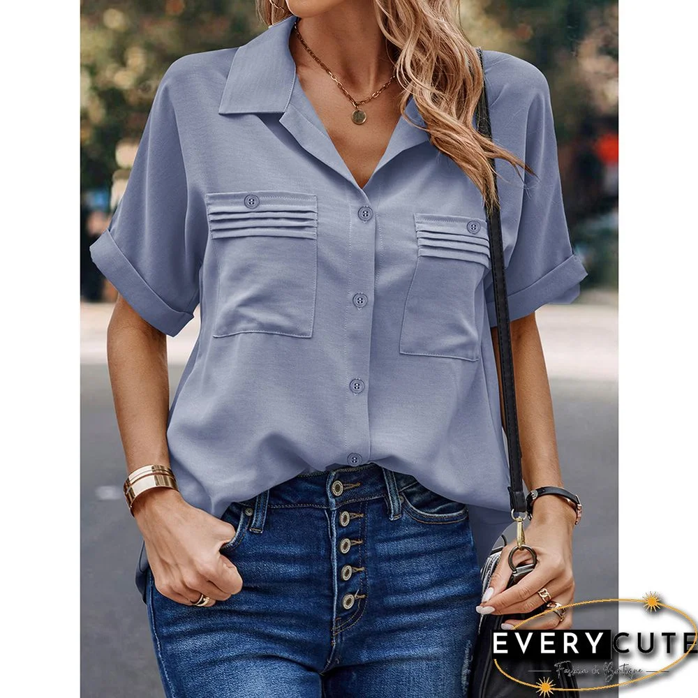 Light Blue Solid Pleated Button Pocket Short Sleeve Shirt