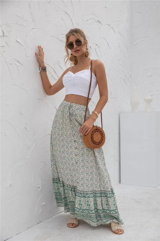 Women's Vacation Skirts Floral Print Single-Breasted Long Big Swing Skirt for Holiday Beach