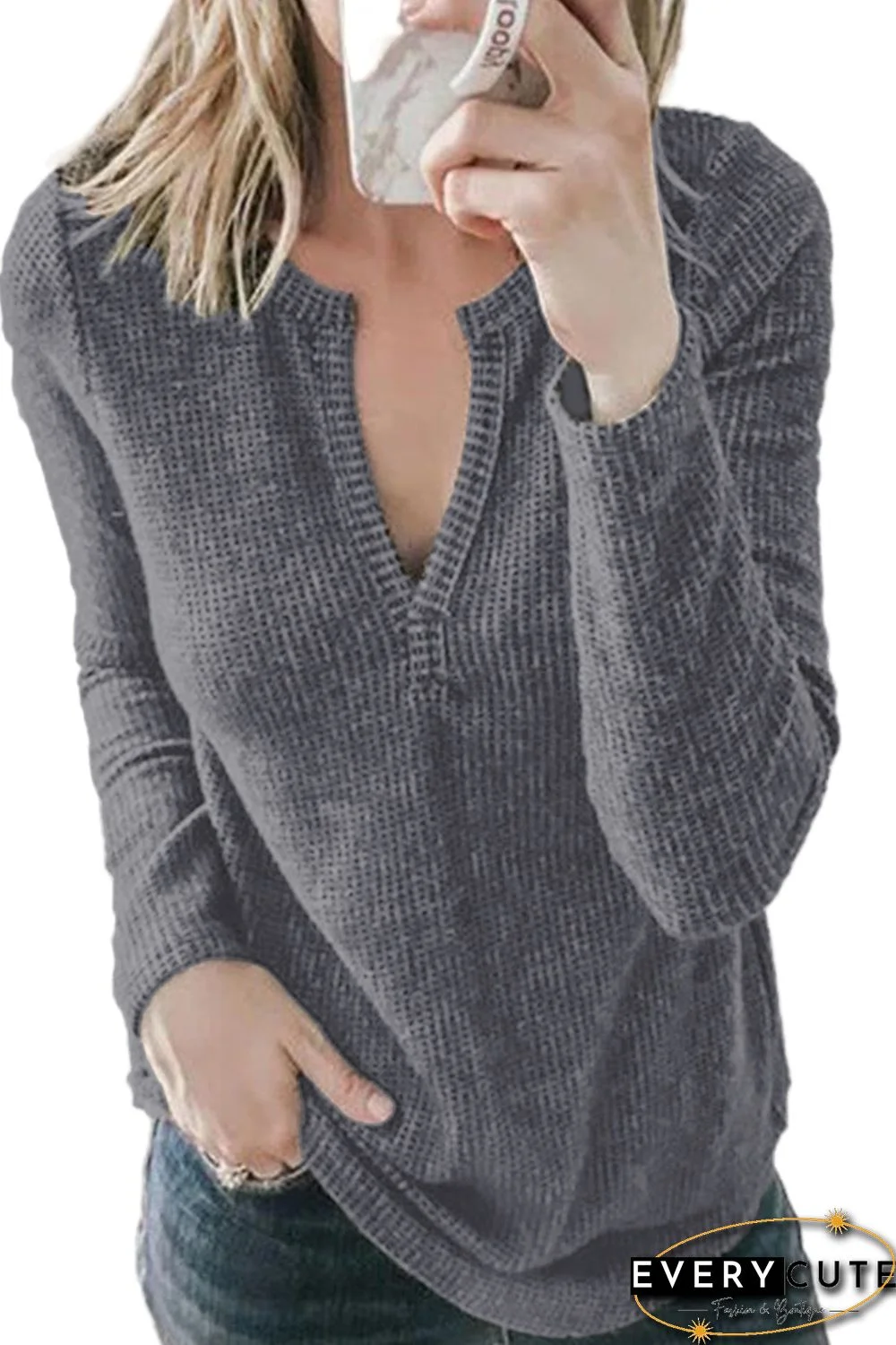 Gray V Neck Cotton Blend Long Sleeve Top