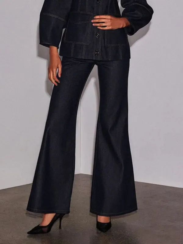 High Waisted Wide Leg Pockets Solid Color Jean Pants Bottoms