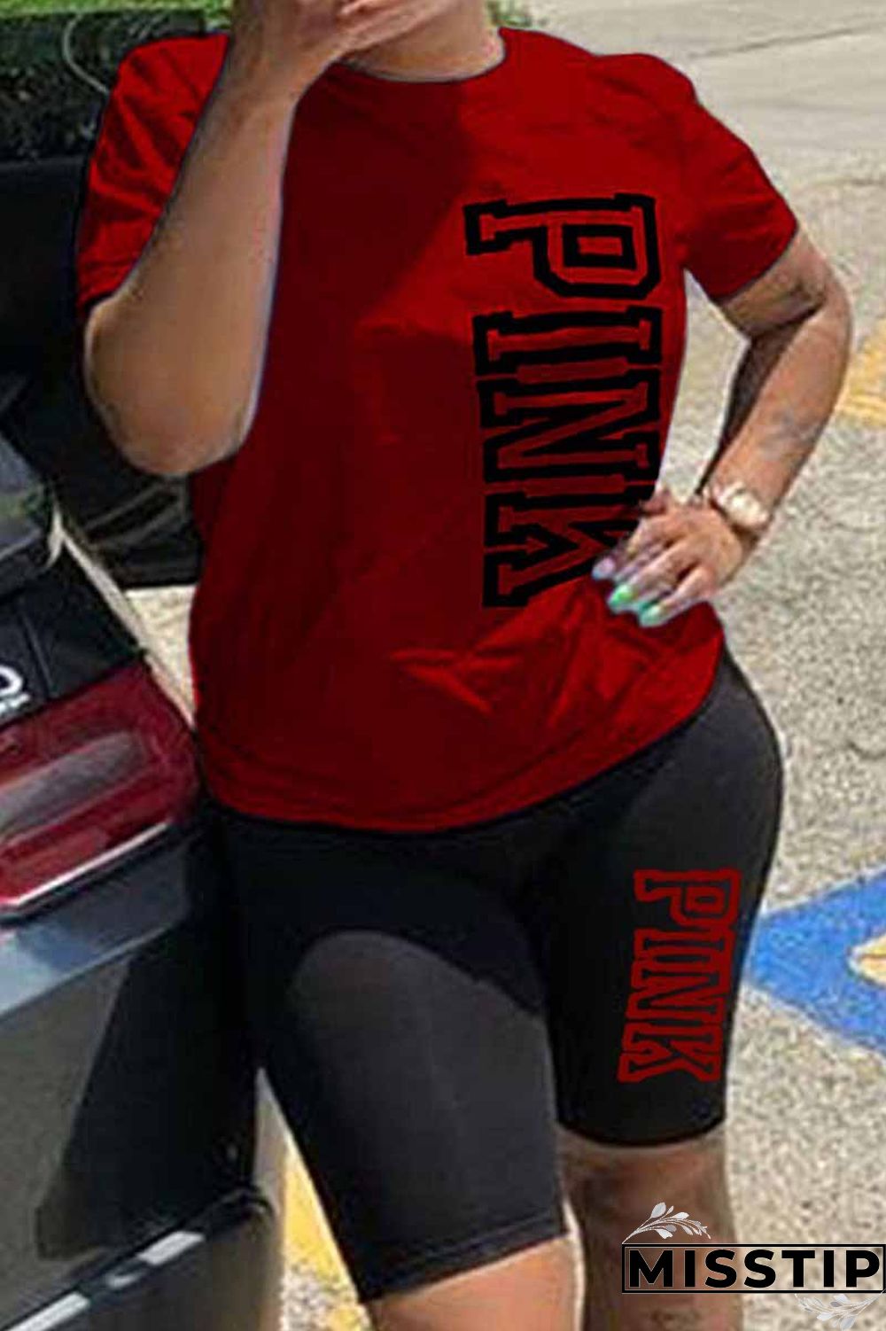 Burgundy Casual Print Letter O Neck Short Sleeve Two Pieces