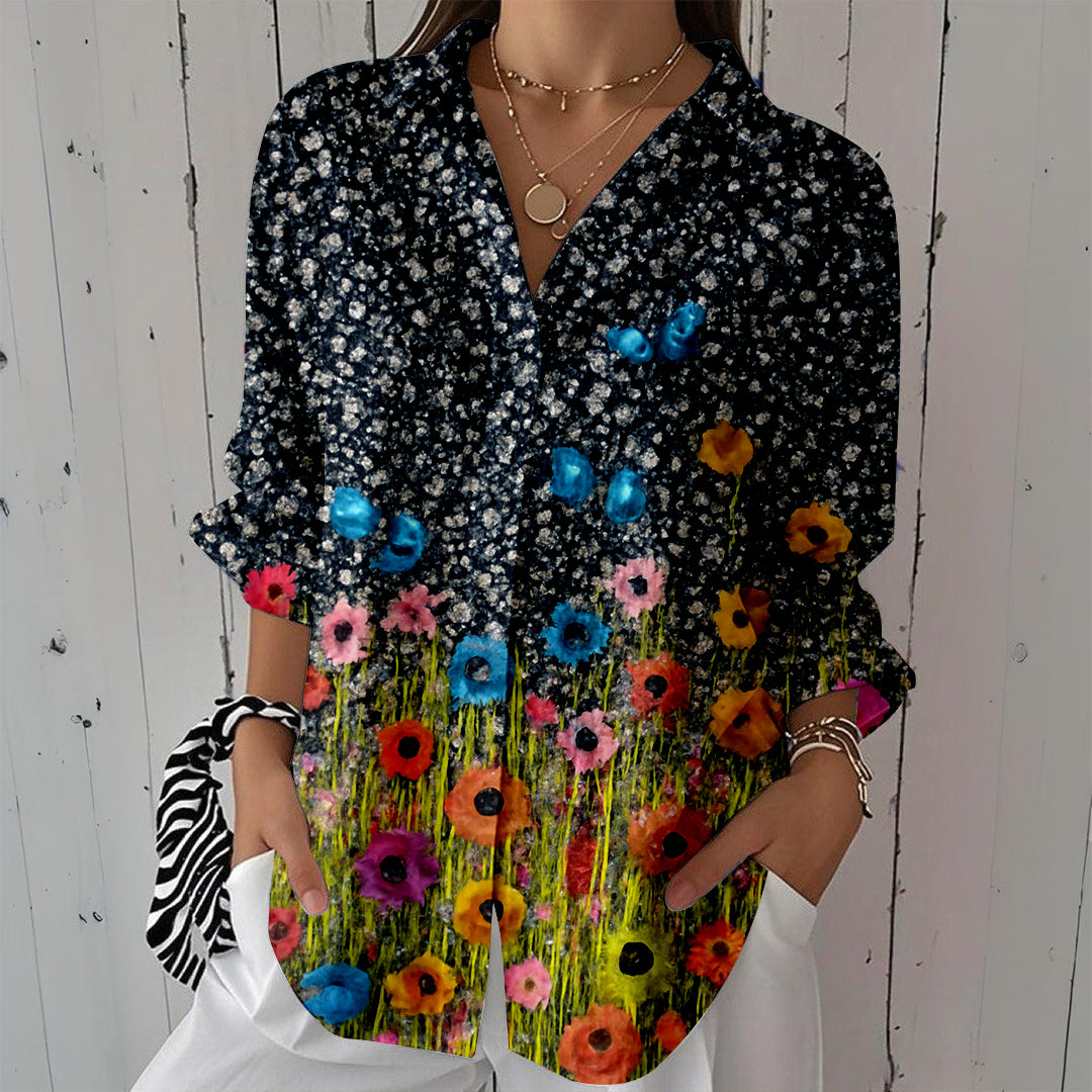 Women Long Sleeve V-neck Graphic Floral Printed Top