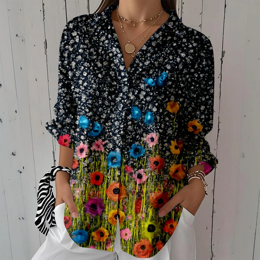 Style & Comfort for Mature Women Women Floral, Blue DZCL0049 3/4 Sleeve Shirt Collar Printed Button Tops