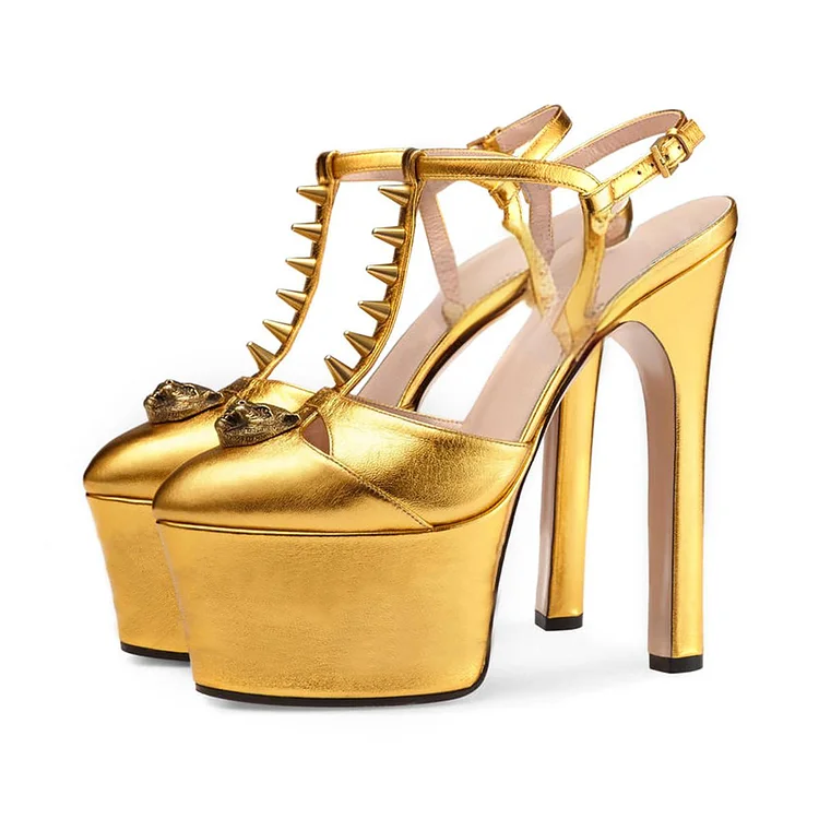 Golden Rivets T-Strap Platform High Heels Vdcoo