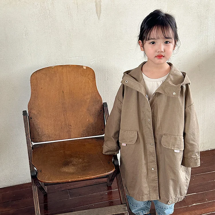 Toddler Long-style Earthy Solid Color Hooded Coat