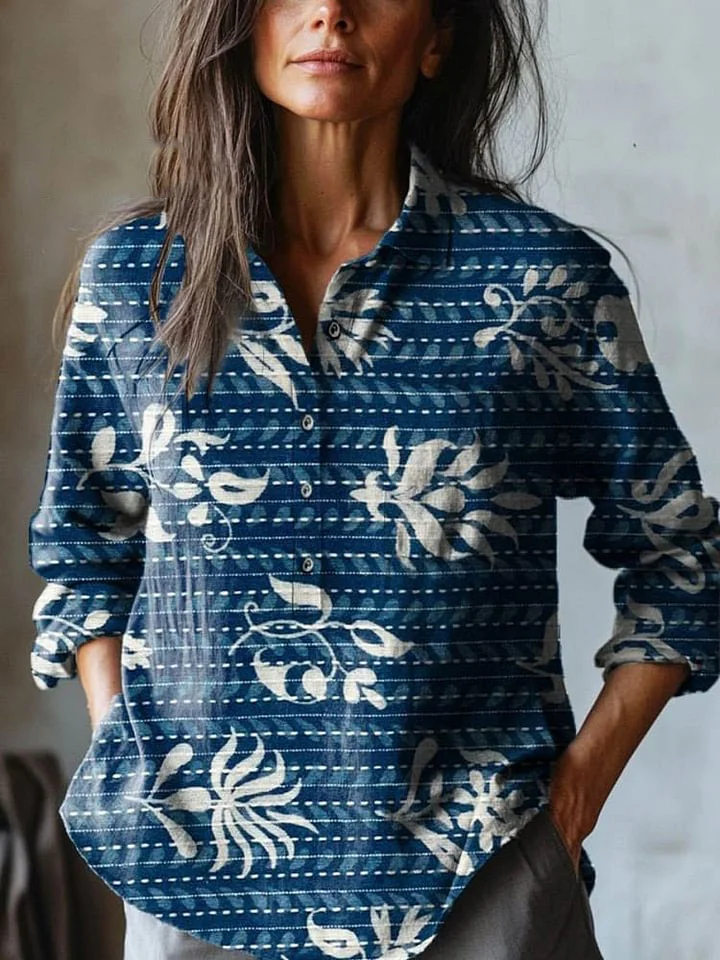 Women's Vintage Lovely Floral Art Print Casual Cotton And Linen Shirt