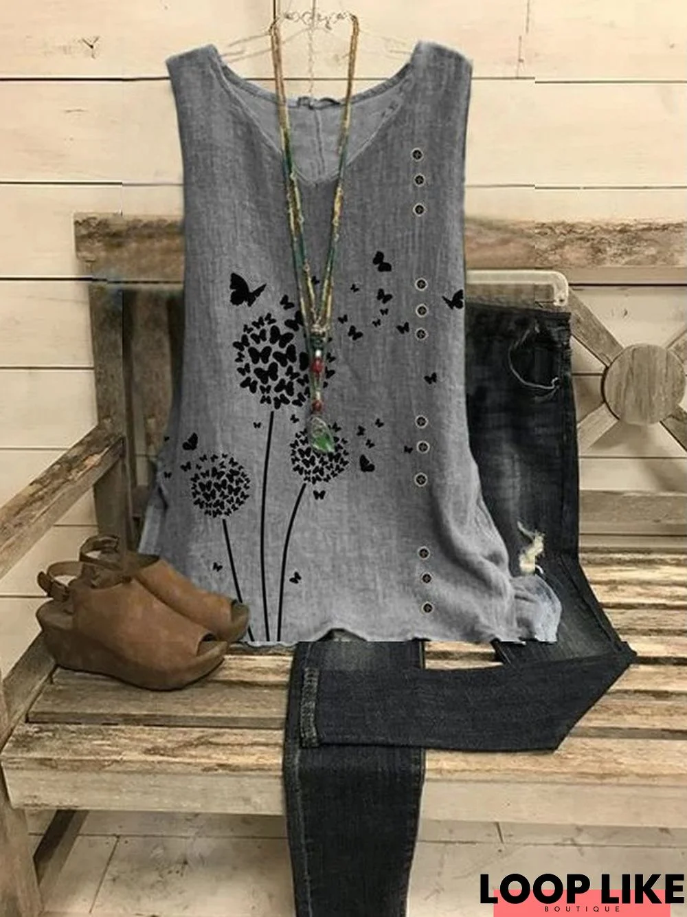 V Neck Floral Casual Cotton Tank & Cami