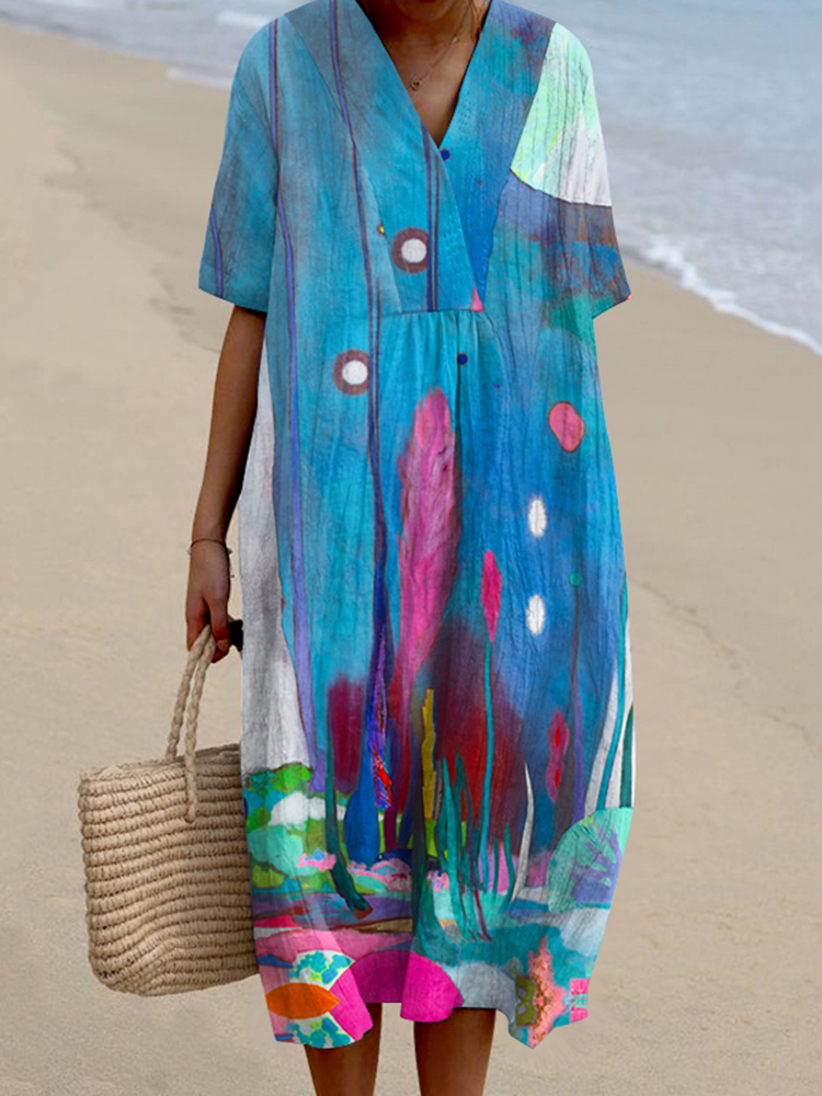 Comstylish Abstract Floral V-Neck Dress