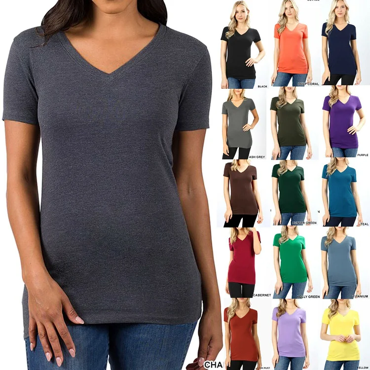 Womens Basic V-NECK SHORT SLEEVE Cotton T-Shirt Top Stretch Solid Layering Plain