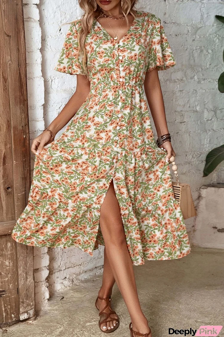 Floral V-Neck Front Slit Dress