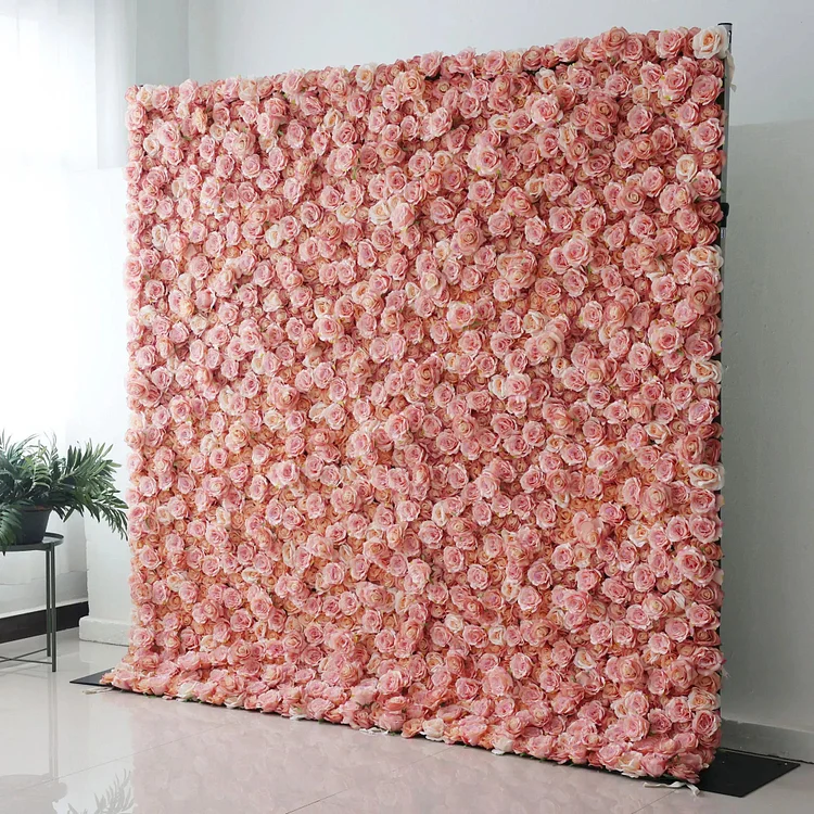 Roll Up Fabric Artificial Turkish Rose and Oriental Pink Flower Wall Wedding Backdrop, Floral Party Decor, Event Photography-VF-054-2