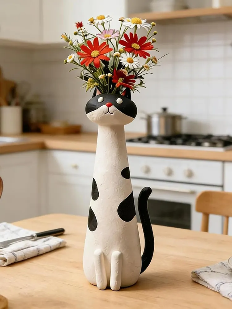 Handcrafted Quirky Cat Vase Modern Whimsical Resin Cat Flower Vase Creative Ornament for Living Room Office Study Home Decoration