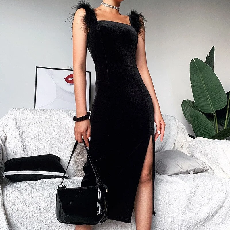 Elegant Ostrich Feather Velvet Ladies Dress Sleeveless Split Hem Slim Party Backless  Chic Feather Dresses