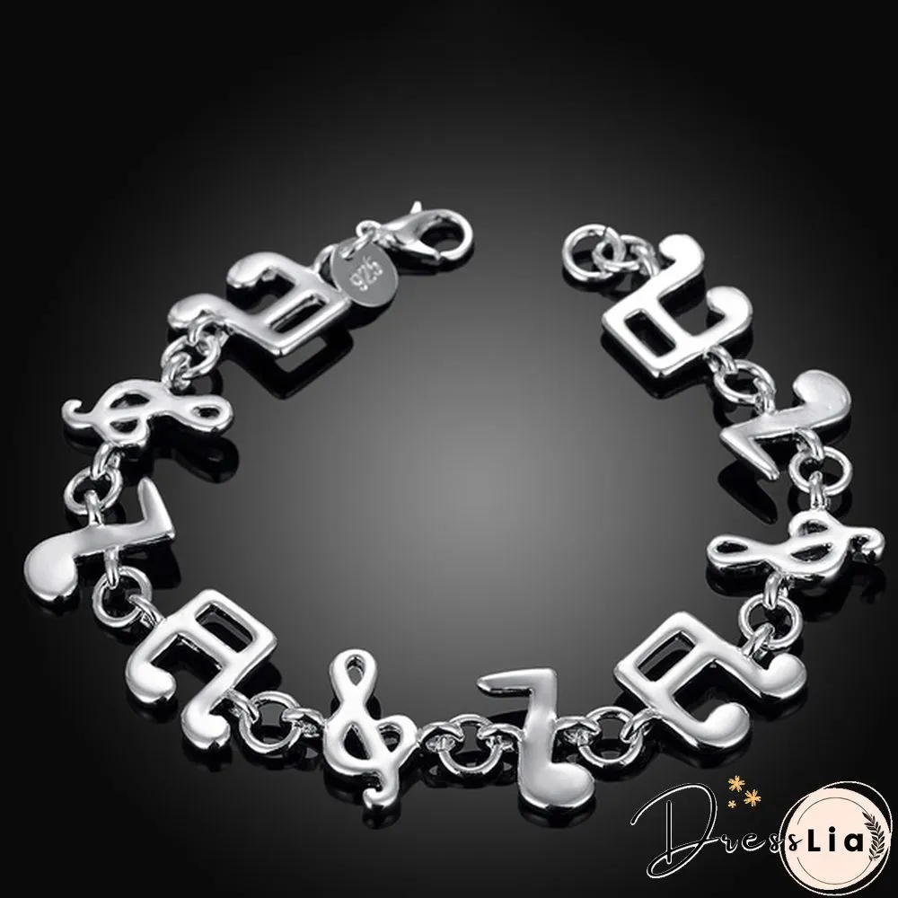 New Women 925 Sterling Silver Plated Charm Cute Music Note Chain Bracelet Bangle