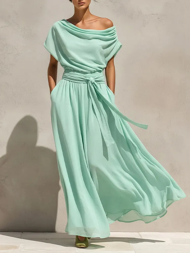Women's Solid-color Off-shoulder Short-sleeve Casual Loose A-line Dress