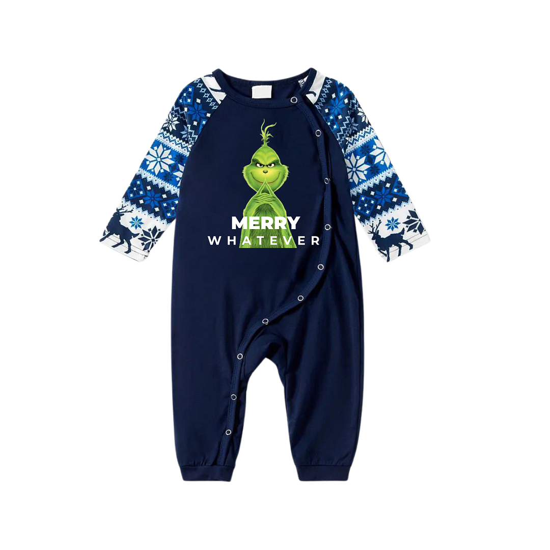 Cute Cartoon Pattern and "Merry Whatever" Slogan Printed Blue Top Navy Blue Plaid Pants Family Matching Pajamas