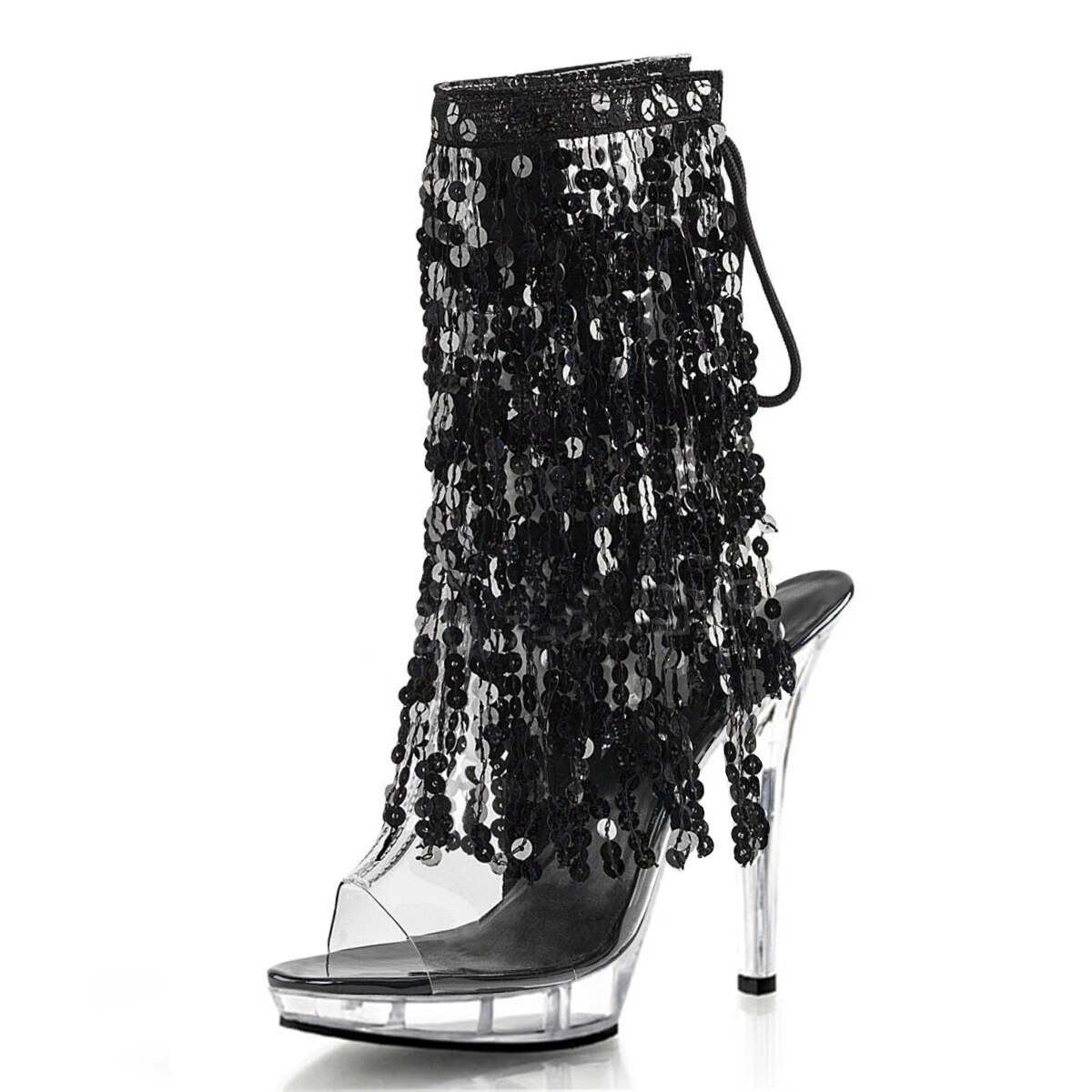 VCshoes Black Bling Sequin Fringe Ankle Boot 6Inch Stage Cross Stripper Exotic Dancer Fetish 8Inch 13cm Party Pole Dance Models New