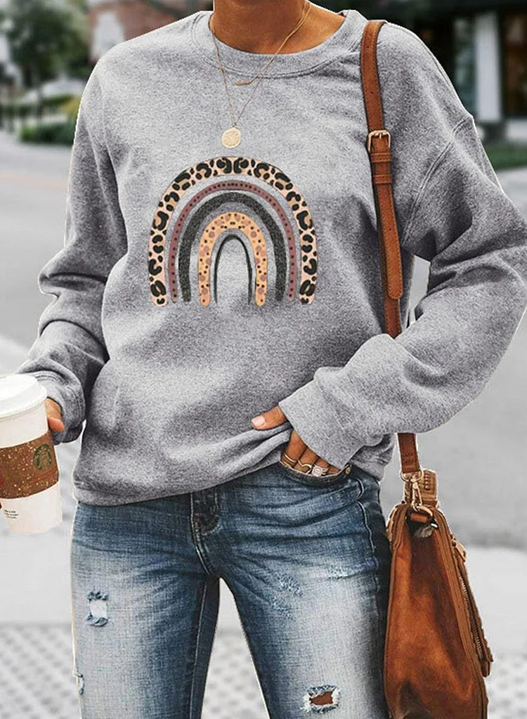 Women's Sweatshirts Round Neck Long Sleeve Solid Leopard Sweatshirts
