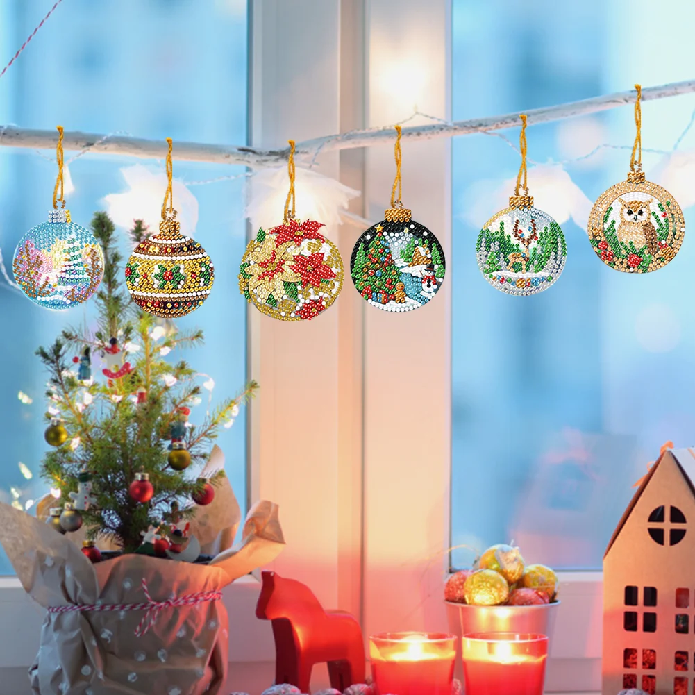 6pcs Xmas Balls 2D Flat DIY Diamond Painting Art Pendant Wall Door Decoration