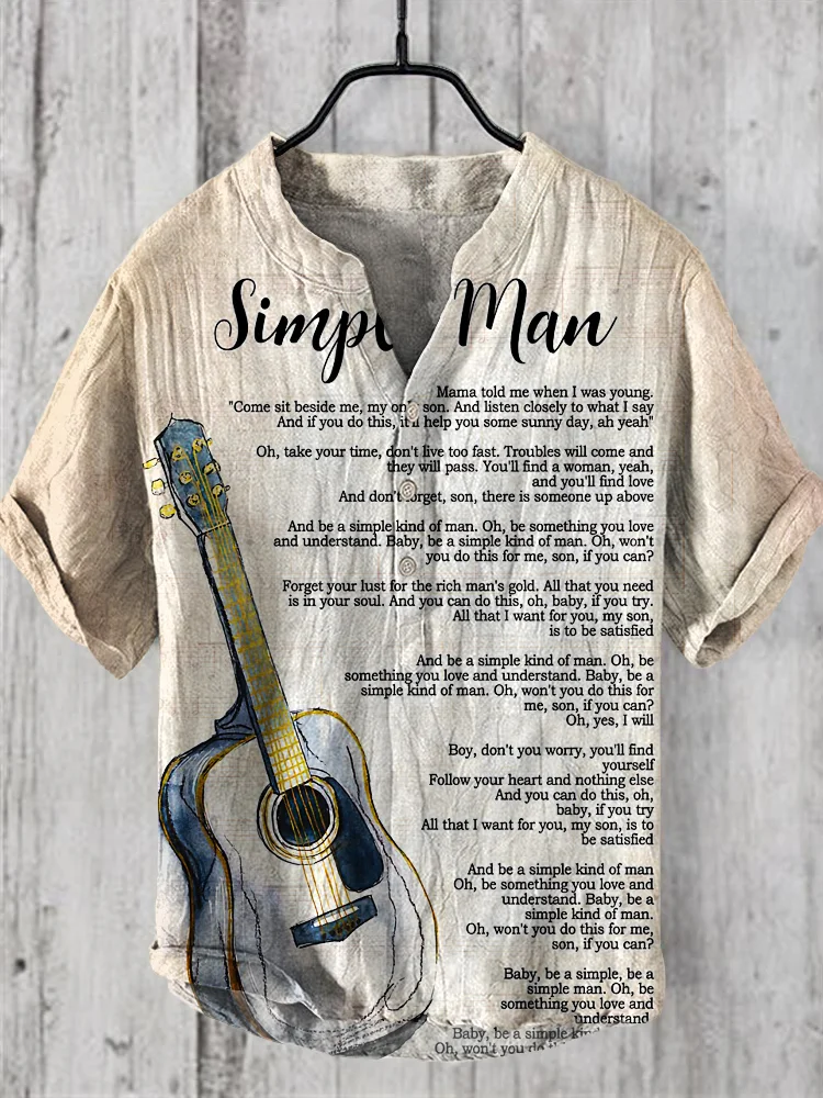 Simple Man Song Lyrics Print Vintage V-Neck Linen Shirt
