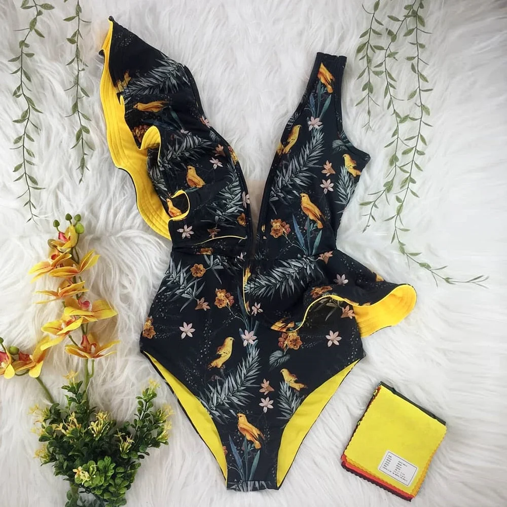 2022 New Sexy Ruffle Print Floral One Piece Swimsuit Off The Shoulder Swimwear Women Solid Deep-V Beachwear Bathing Suit Monkini
