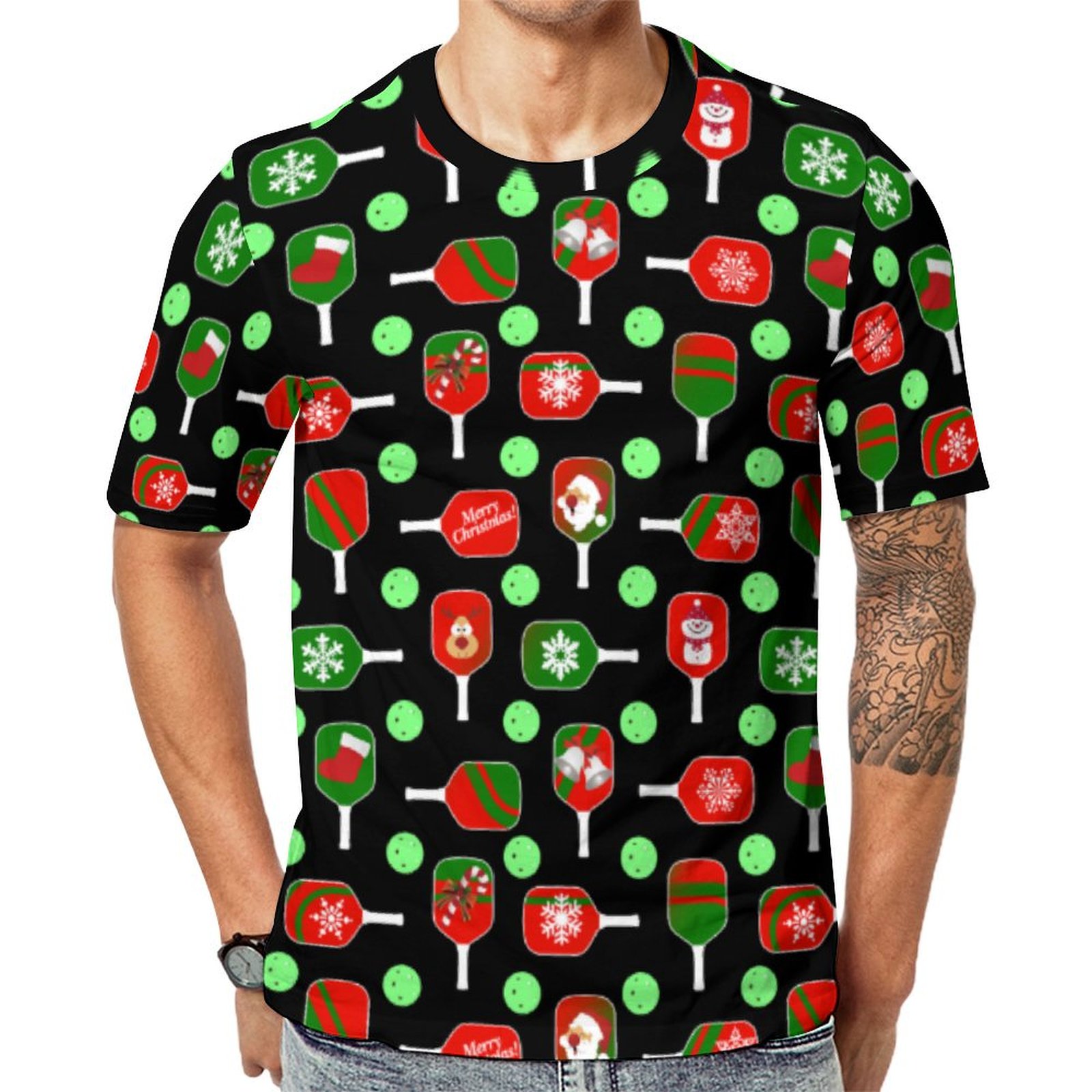 Christmas Pickleball Red Green Paddles Balls Black Short Sleeve Print Unisex Tshirt Summer Casual Tees for Men and Women Coolcoshirts