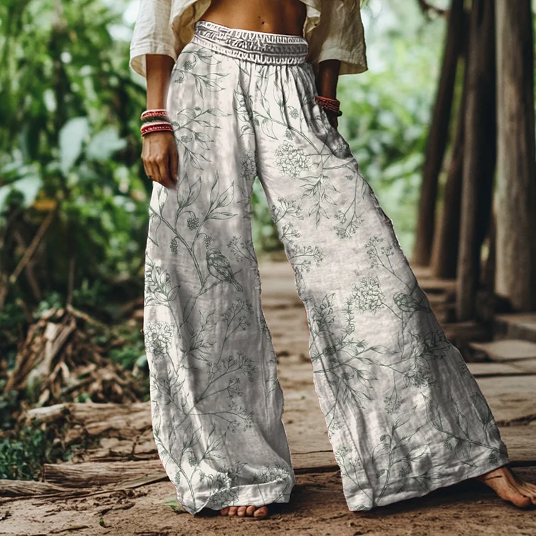 Vintage Floral and Bird Print Loose Wide-leg Pants
