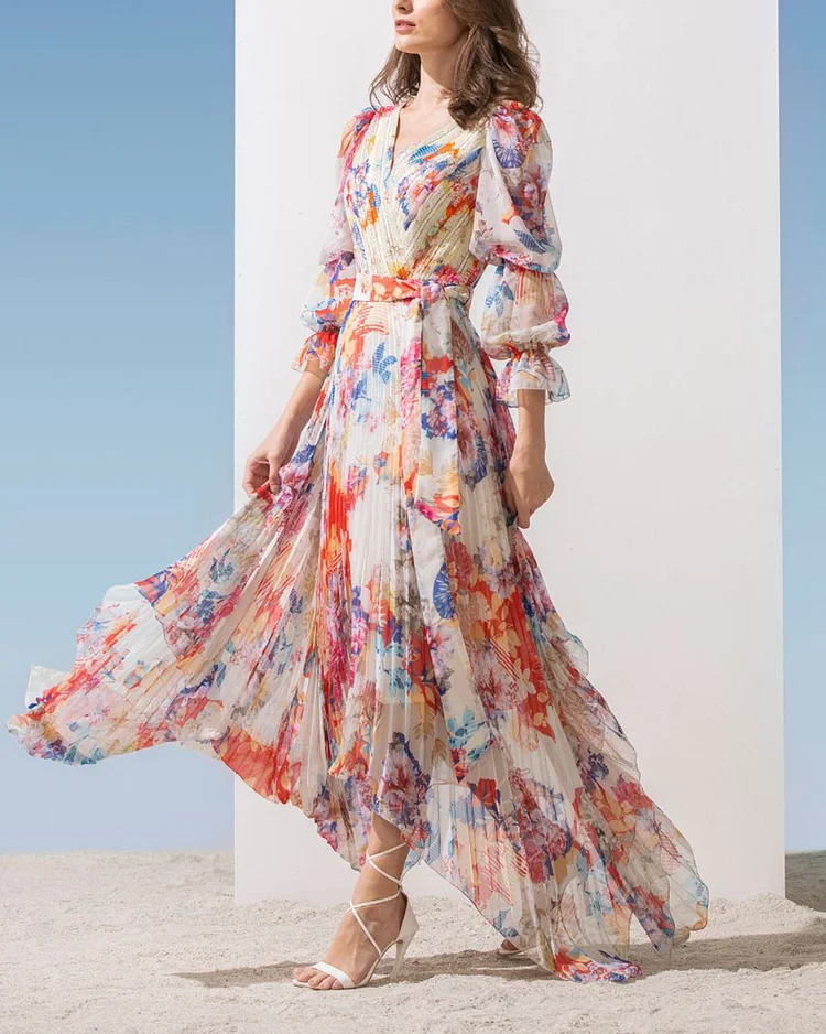 Chiffon Multi Printed Dress With Pleated