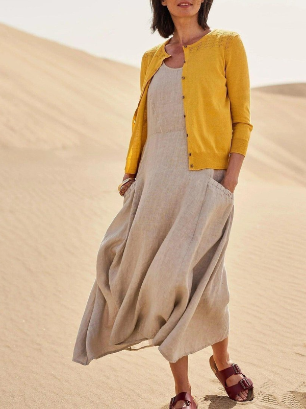 Women's Sleeveless Crew Neck Cotton And Linen Dress