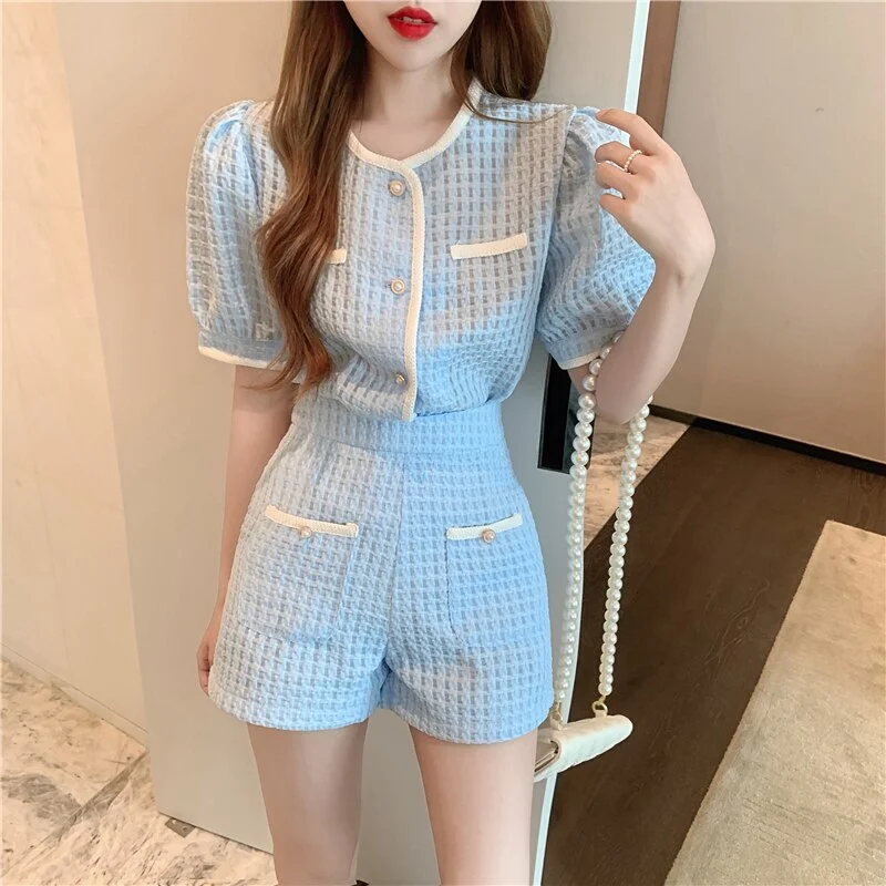 2022 Summer Women&#39;s Shorts Suit Casual Fashion Ladies Wind Short Puff Sleeve Top and High Waist Slim Wide Leg Shorts 2 Piece Set