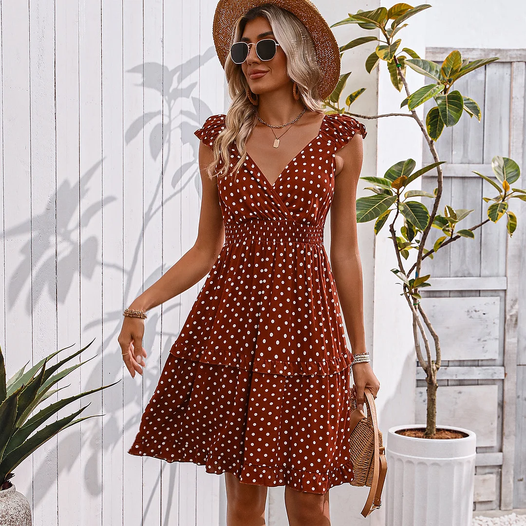 Fashion Smocked Waist Dots Print Mini Dress