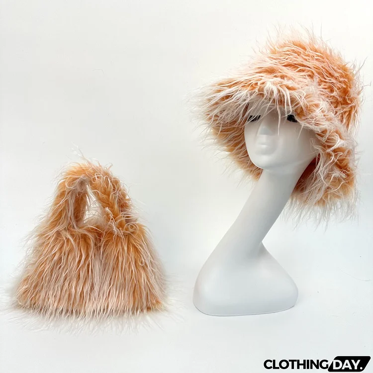 Winter Women Winter Fashion Punk Style Y2k Plush Faux Fur Bucket Hats Handbag Two-Piece Set