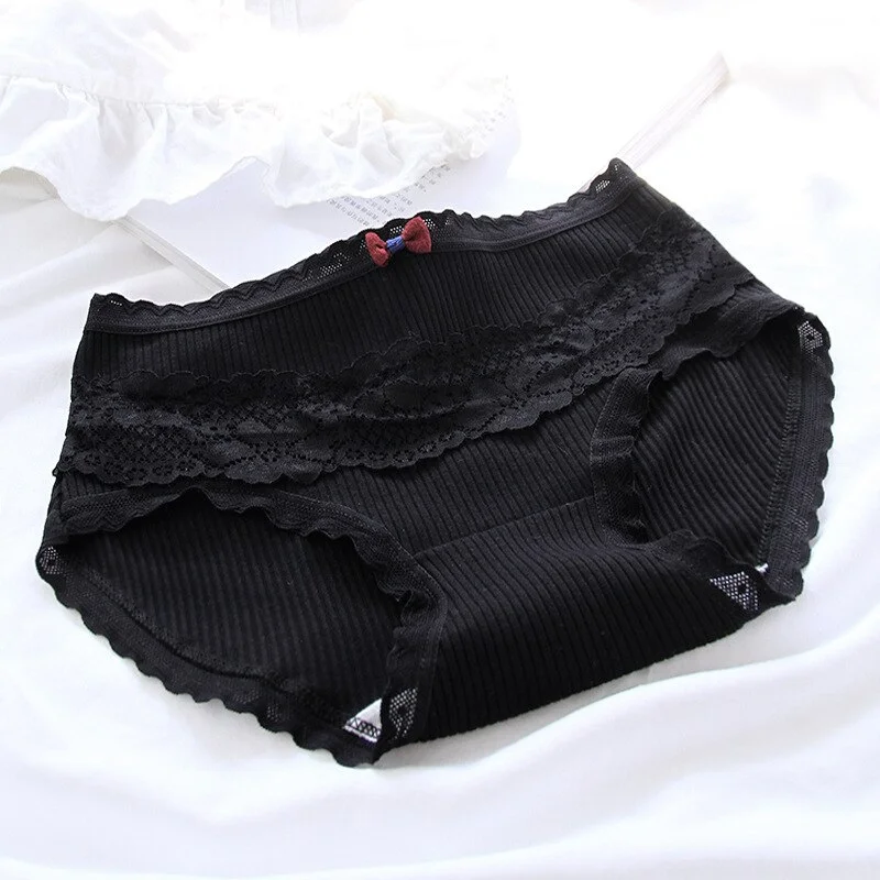 Billionm Black Bow Lace Trim Panties Women Cotton Crotch Mid Waist Sexy Ribbon Dress Fashionable Breathable New Pack of Panties