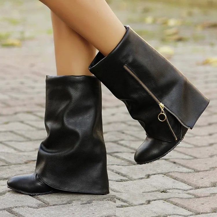 Black Bold Over Zip Wedge Heel Fashion Boots Shark Ankle Boots |FSJ Shoes